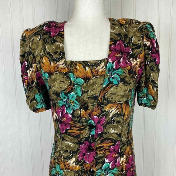 Joni Blair Midi Dress Womens 5‎ Brown VTG 80s Pleated Button Front Floral - Picture 2 of 12